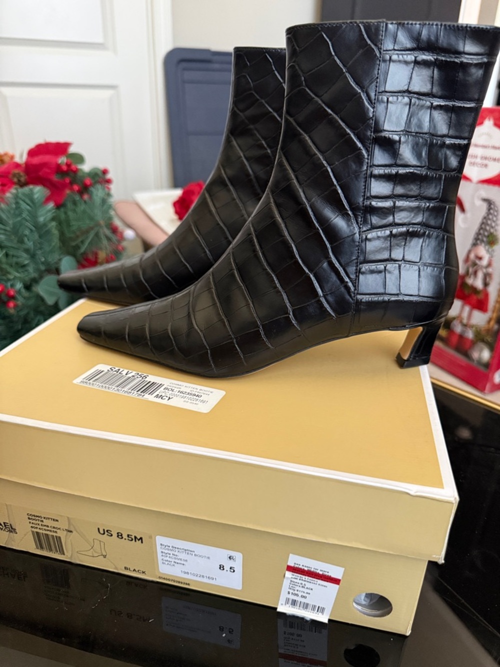 Michael Kors Black Croc-Embossed Pointed-Toe Ankle Booties